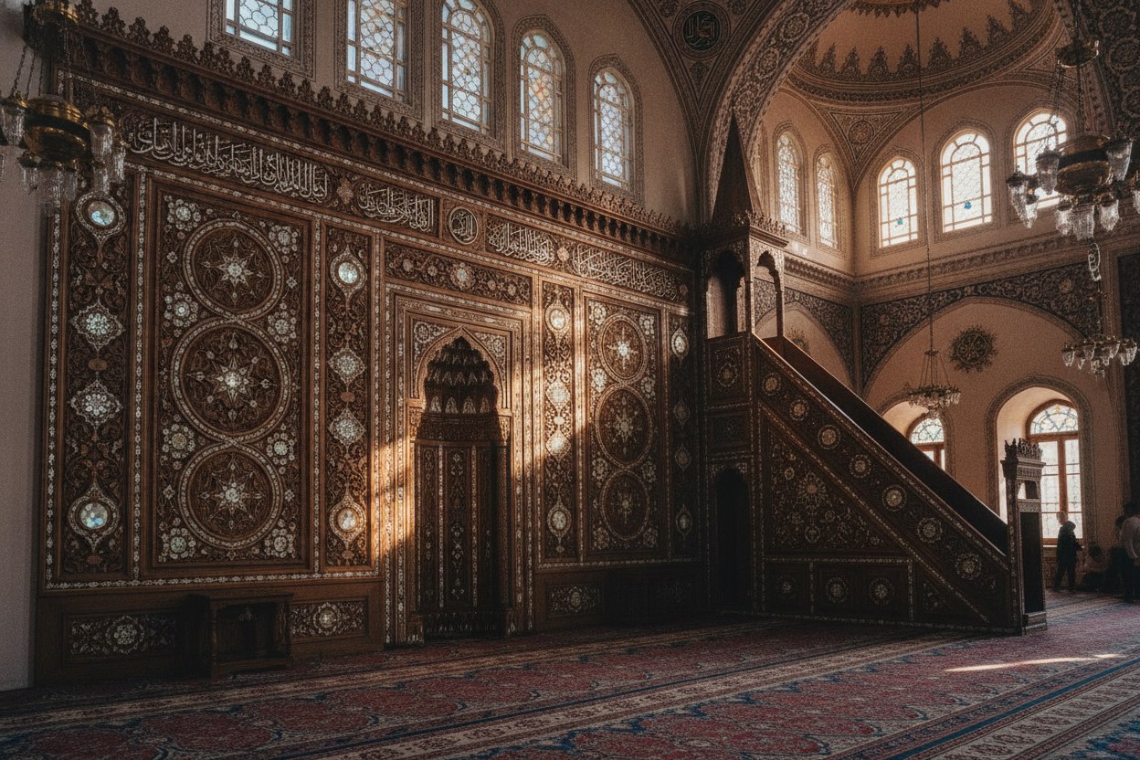 Cami mahfilinde el oyması ahşap ve sedef kakmalı geniş mihrap yanı ve korkuluk uygulaması